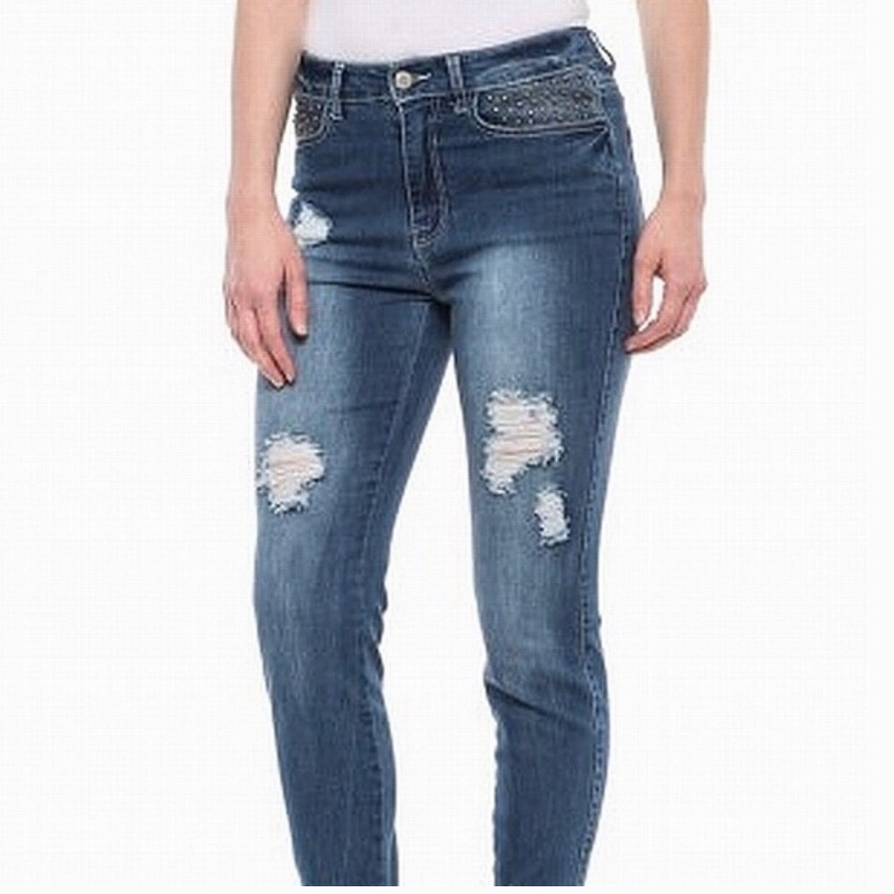 Philosophy Distressed Studded Brass Pocket Design Skinny Zip Ankle Jeans 8